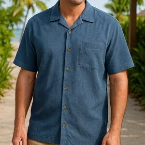 Tommy Bahama XL Blue Silk Palm Tree Relax Shirt